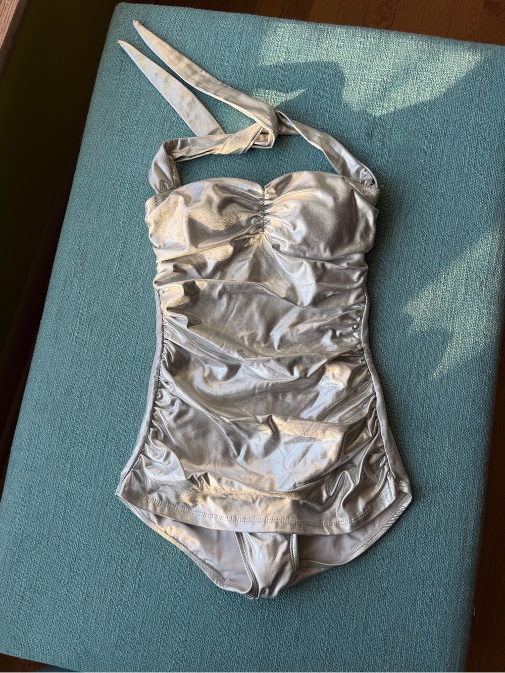 Esther Williams Silver Bombshell Retro Pinup Halter One-Piece Swimsuit Small